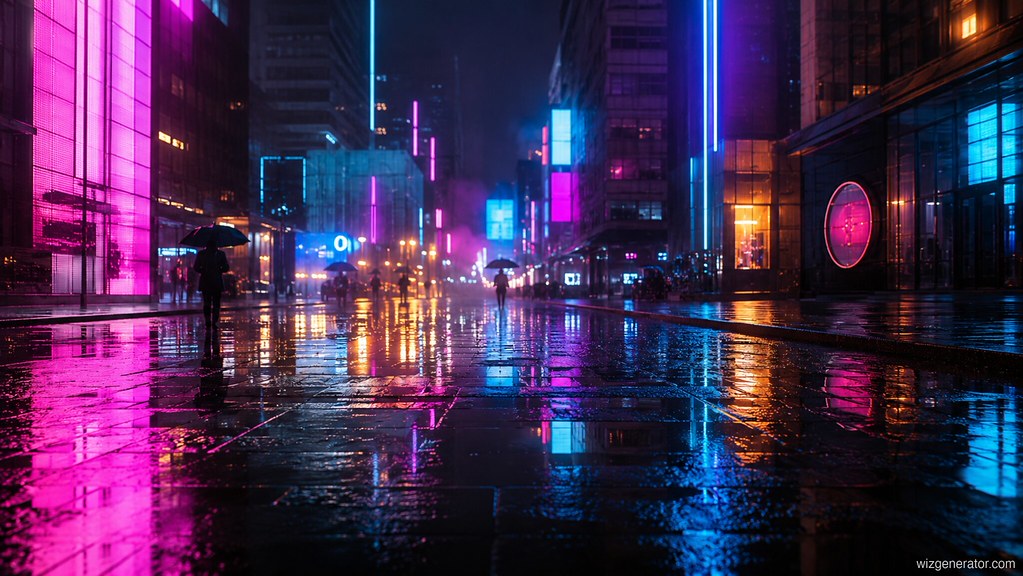 Rainy city street lit by neon signs at night