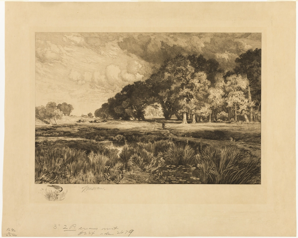 Painted coastal landscape of hills and shoreline