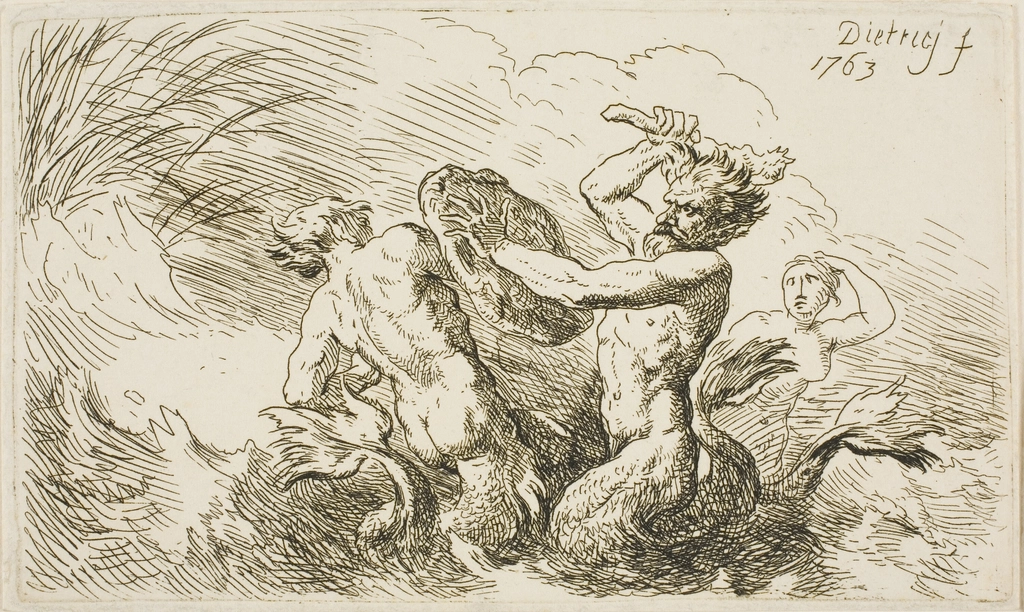 Historic illustration of a sea battle with tritons