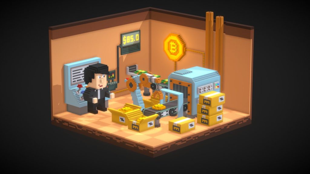 Voxel-art illustration of a factory building